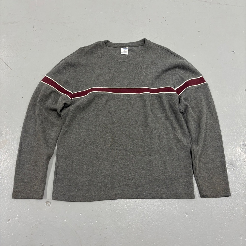 Vintage Old Navy Gray Long Sleeve Shirt Burgundy Chest Stripe Mens L